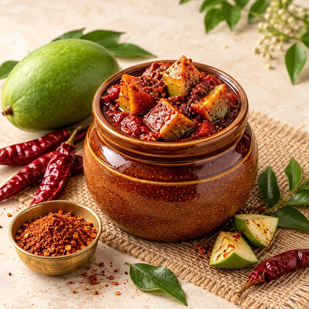 A traditional jar of Andhra mango pickle with fresh mango and red chilies